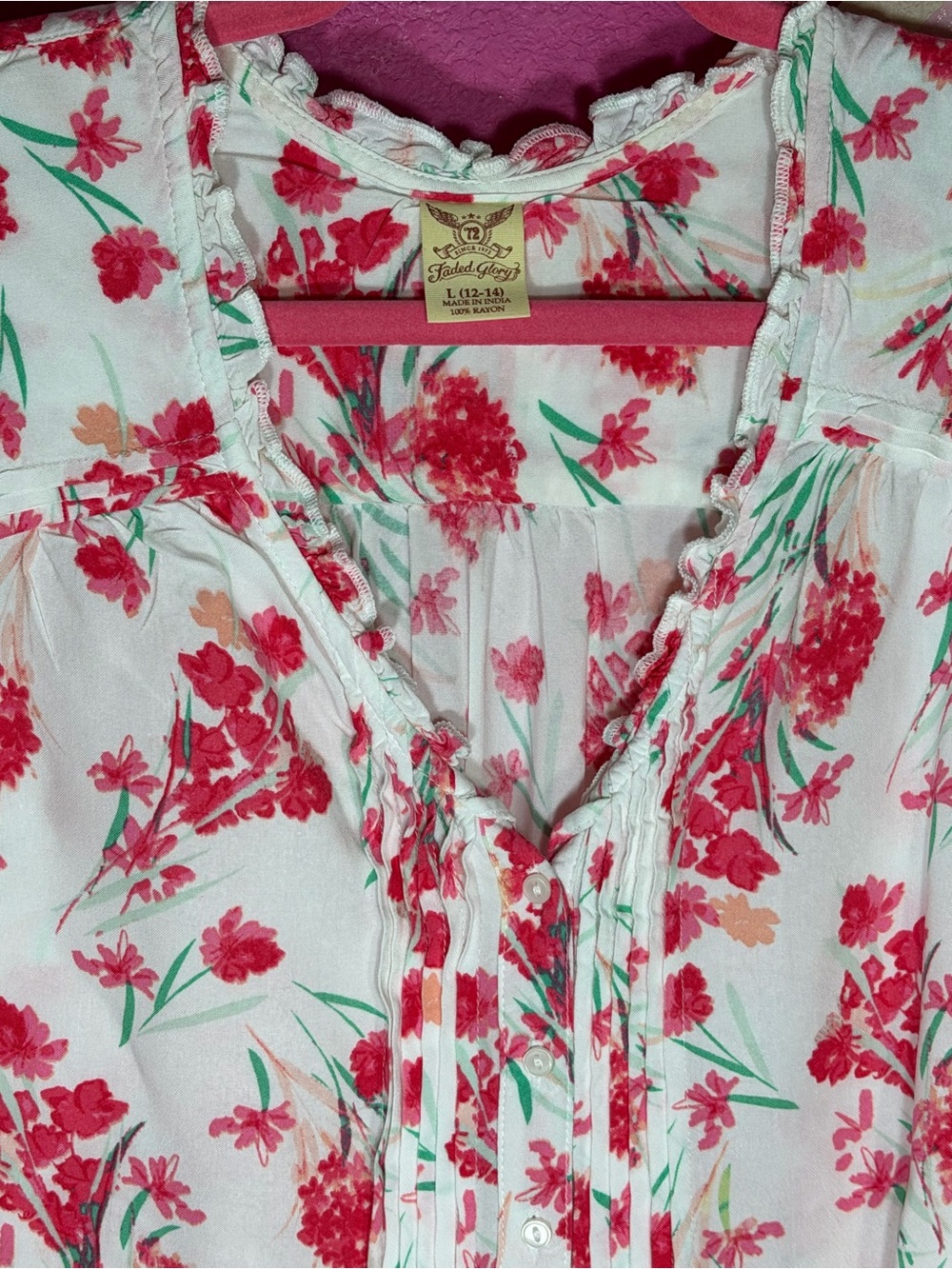 Faded Glory Pink Floral Sleeveless Pintuck Blouse Size L (12-14) - Picture 4 of 15